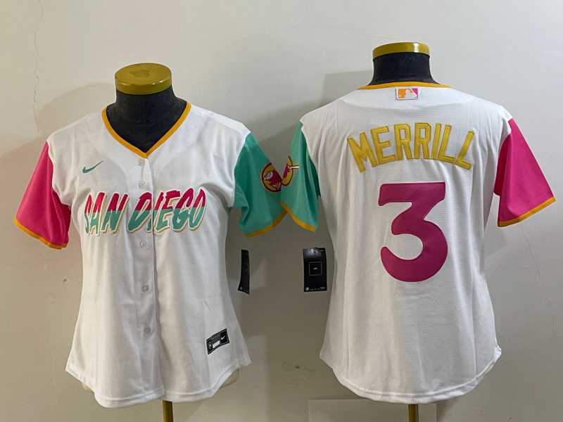 Womens San Diego Padres #3 Jackson Merrill White 2024 City Connect Cool Base Stitched Jersey